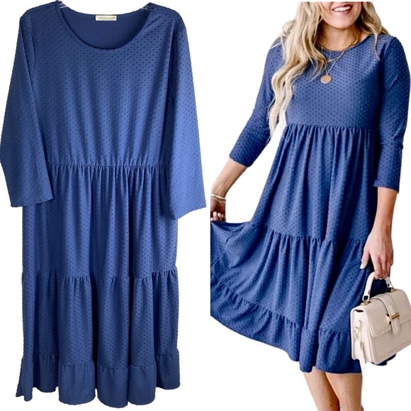 Reb in J Dress Slate Blue Swiss Dot Mid Length Tiered Skirt Long Sleeve Size L - Picture 14 of 14